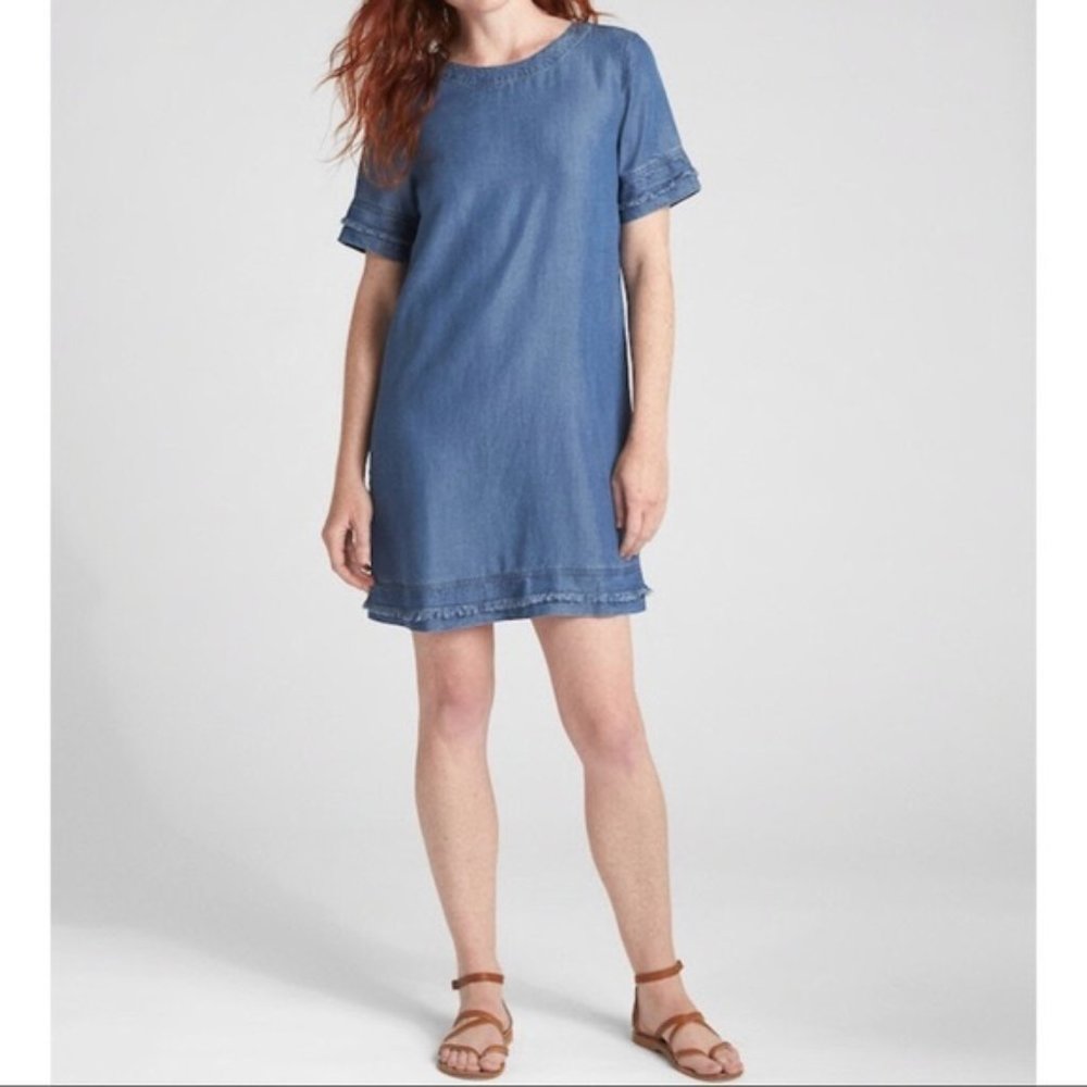 GAP Denim frayed trim denim shift dress with zipper in back, blue, Womens Sz L T